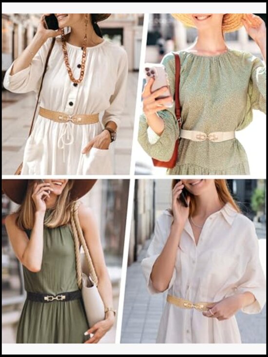 2 Pack Elastic Straw Belts with Metal Buckle Boho Braided for Dresses main image 4